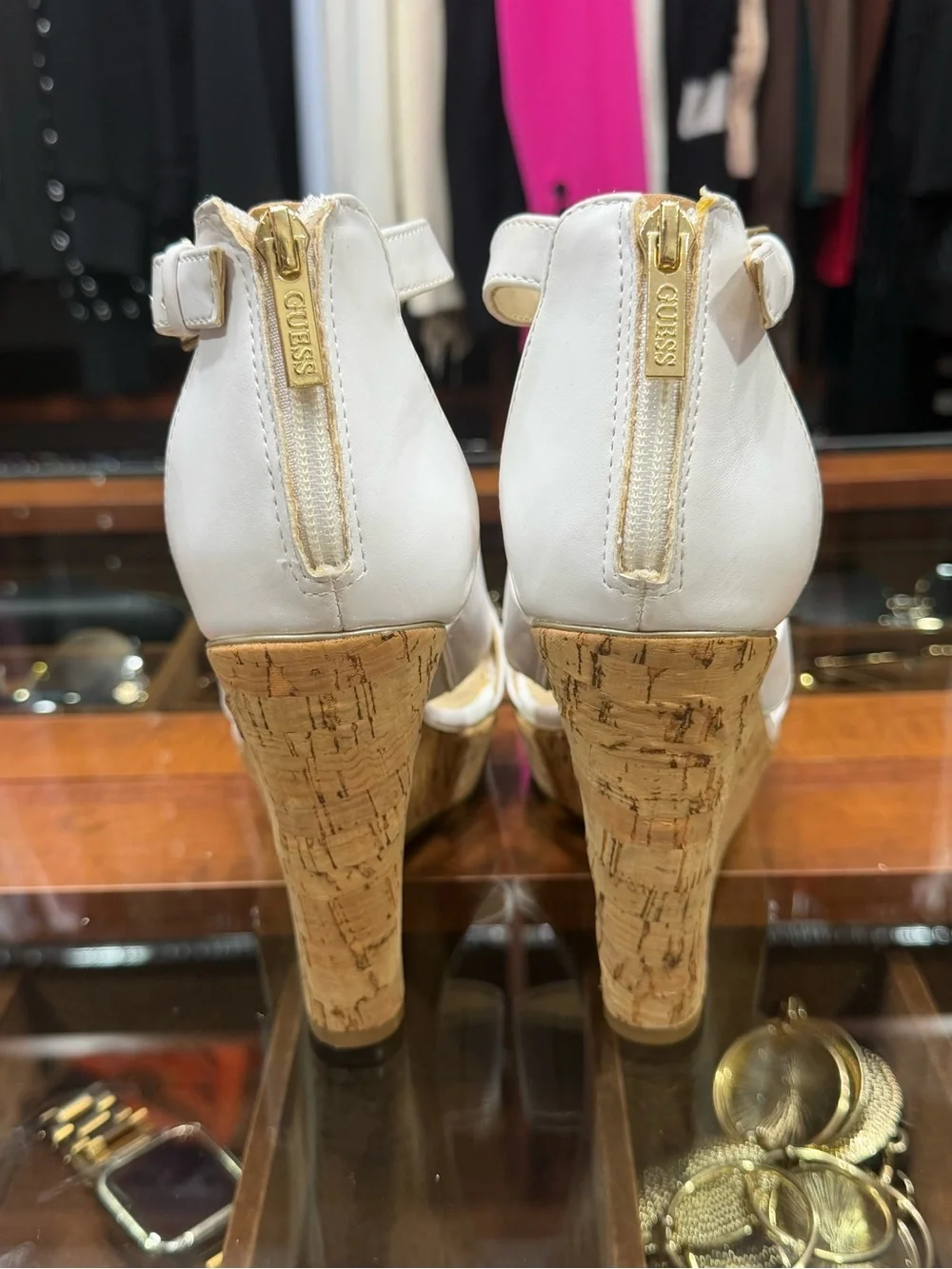 GUESS White T-Strap Platform Sandals with Gold Logo